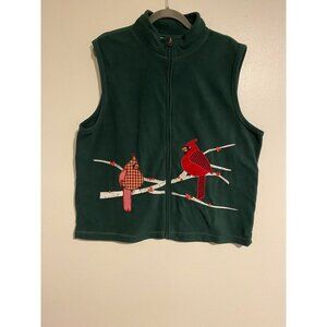 Rebecca Malone Green Fleece Vest With Cardinal Appliqué Button Detail Womens XL